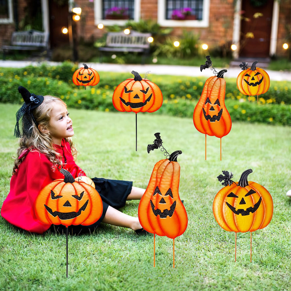 CAMATET Halloween Metal Pumpkin Yard Stakes, Detachable and Stackable Pumpkin Signs Garden Stake with Paper Witch Hanging Decor, Outdoor Halloween Decorations for Front Porch Lawn Party (Set of 6)