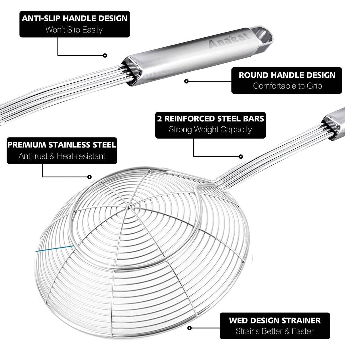 Anaeat Stainless Steel Spider Strainer Skimmer - Solid Kitchen Strainer Ladle with Long Handle for Cooking and Frying, Reinforced Double Coil Slotted Spoons for Pasta, Noodle, Spaghetti (5.5 Inch)