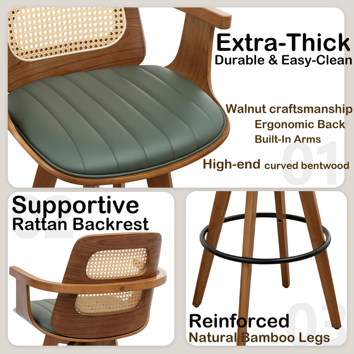 WUPOTO Bar Stools Set of 2, 29.7" Bar Height 360° Swivel Stools with Ergonomic Rattan Back, Faux Leather Seat, Bamboo Legs with Walnut Finish, Mid-Century Style (Green)