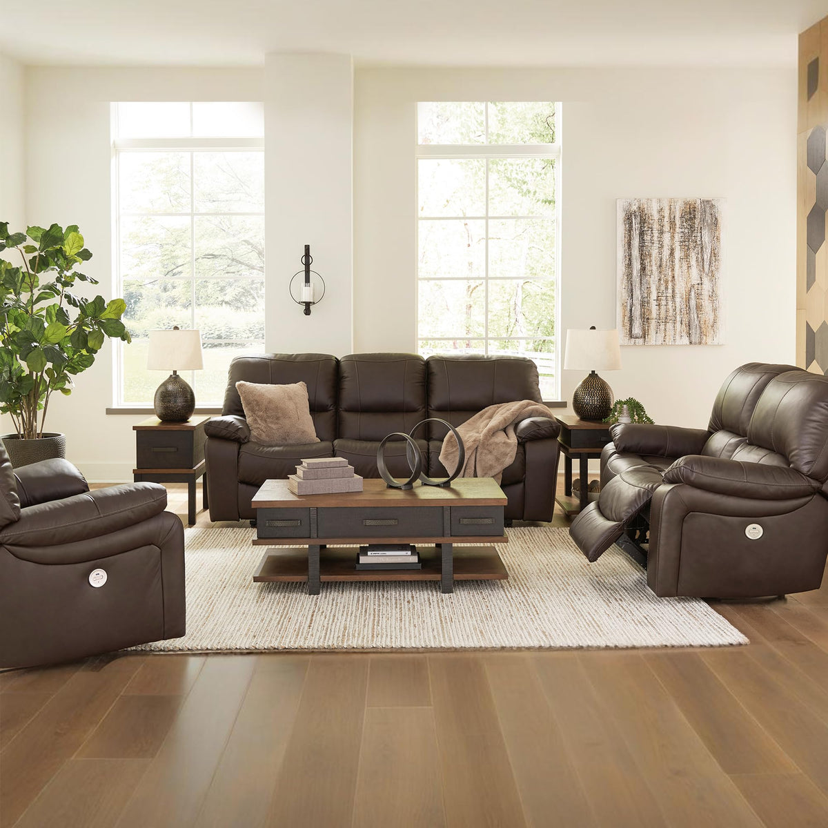 Signature Design by Ashley Leesworth Contemporary Leather Match Power Rocker Recliner with USB Ports, Dark Brown