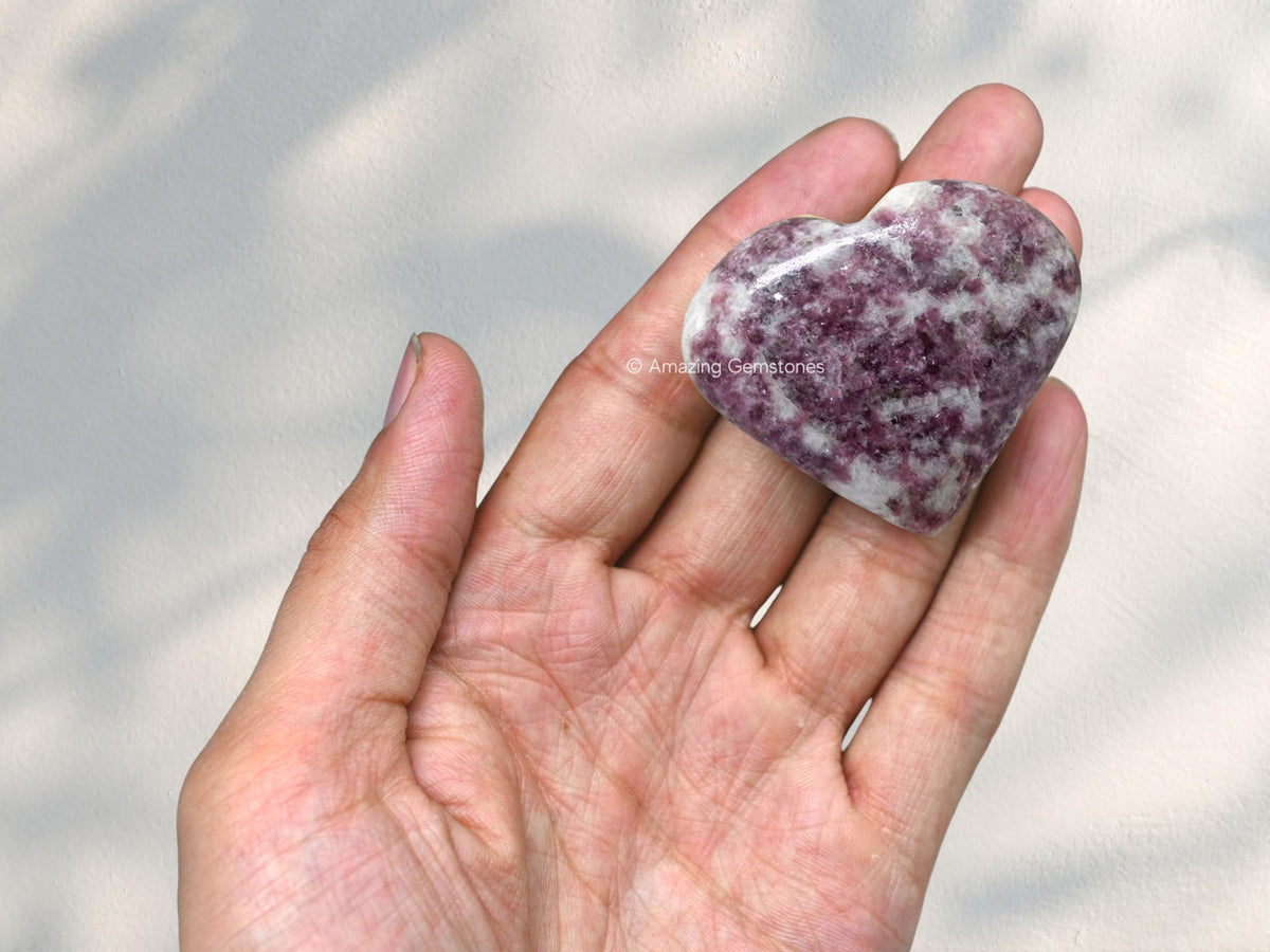 Lepidolite Crystal Heart Palm Stone - Pocket Massage Worry Stone for Natural Body Chakra Balancing, Reiki Healing and Crystal Grid