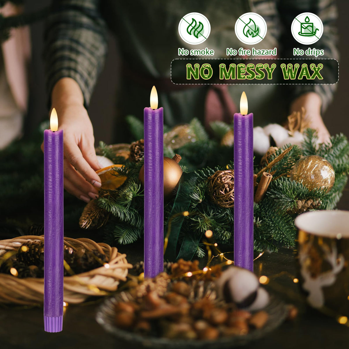 AFINETH Purple Flameless Taper Candles with Remote, 3 Pack Real Wax Battery Operated Candles, 9.6 Inch Flickering Led Christmas Candlesticks Decorations for Winter Home Holiday Xmas Gift