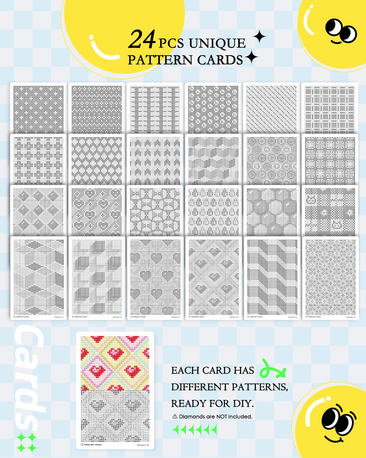forever young 24 Designs Diamond Freestyle Cards for Beads, 5x7 Blank Diamond Art Cards with Glue for Round Dots for Adults, Postcard-Style Diamond Painting Accessories (No Drills)