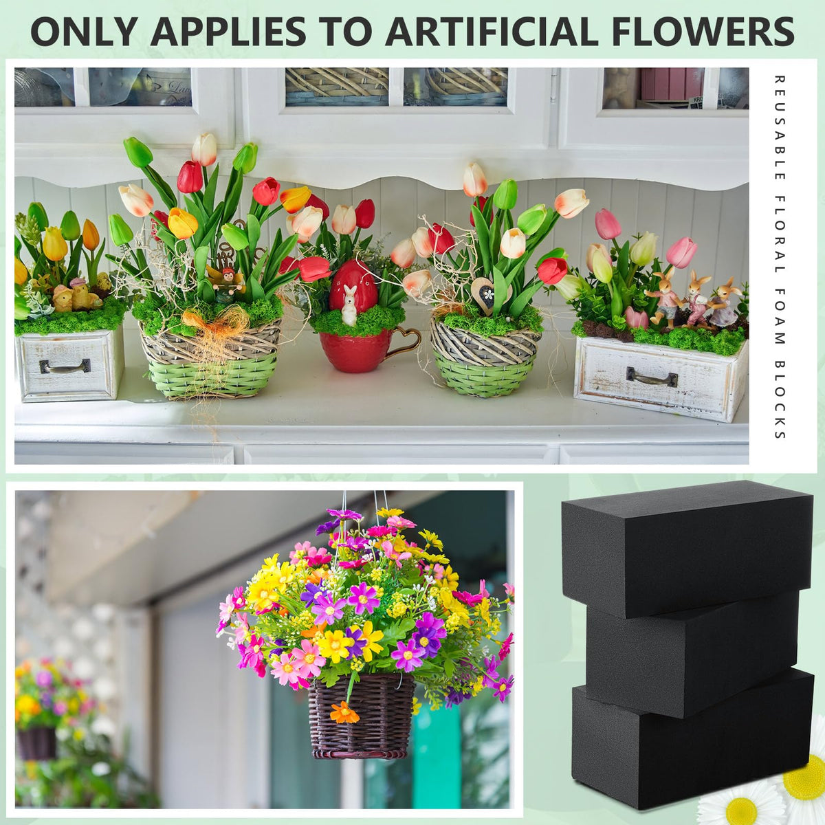 Lallisa 4 Pcs Reusable Floral Foam Blocks Water Weather Resistant Dry Floral Foam for Artificial Flower Arrangements Outdoor Flower Boxes Outside Hanging Planters Wedding Home Decor (9 x 3 x 3")