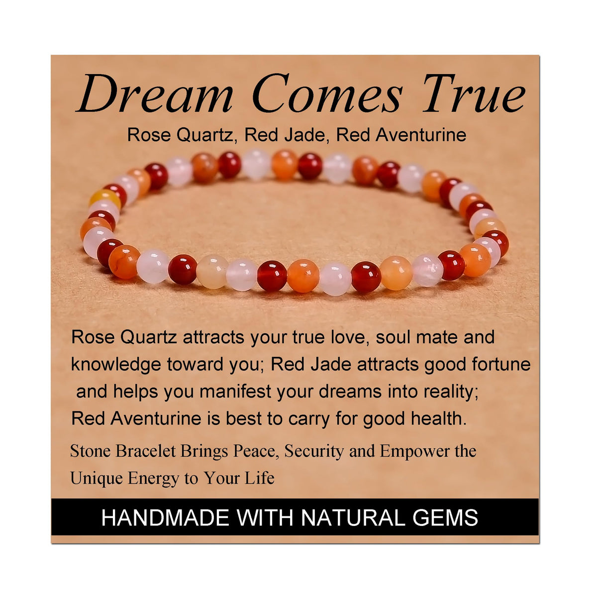 MASSIVE BEADS Rose Quartz Red Jade Red Aventurine - Dream Comes True Handmade Handmade Yoga Stretch Elastic Bracelet Natural Stone Crystal Healing Power Energy Gifts for Unisex Adult 4mm