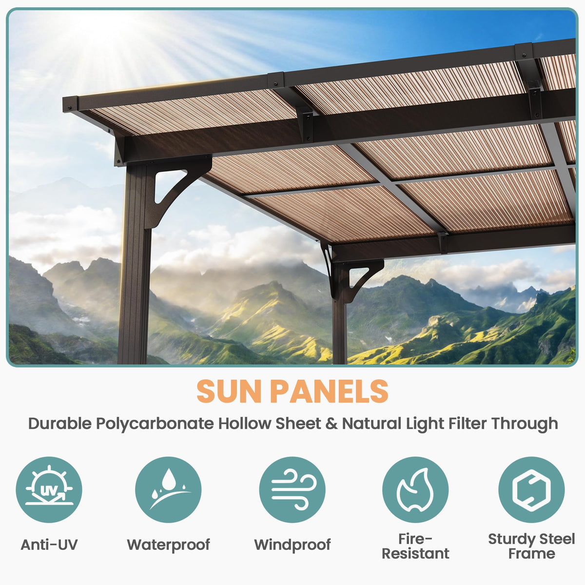 Pamapic 10x10FT Wall Mounted Gazebo, Hardtop Lean to Gazebo with Aluminum Frame & UV Resistant Polycarbonate Roof, Outdoor Patio Awning for Deck, Porch, Lawn & Backyard