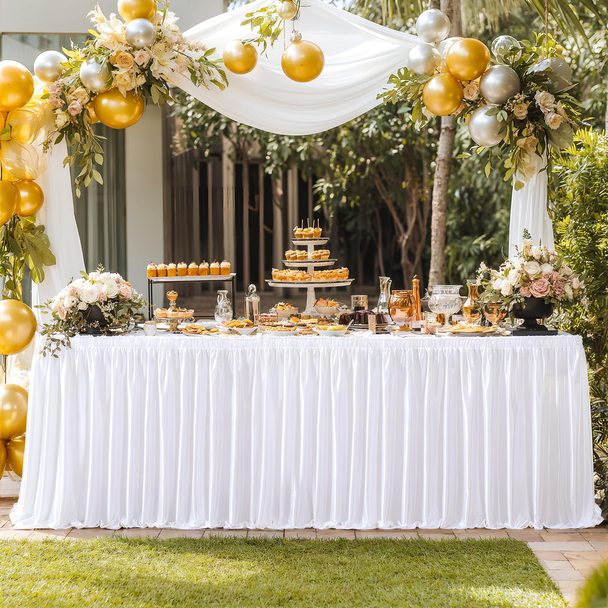 14ft Length Satin White Table Skirt Rectangle Tables, Wrinkle Resistant Ruffle Table Skirting Glitter Teacher Desk Cover Skirt for Dorm Office Birthday Party Wedding Buffet Displays Trade Shows