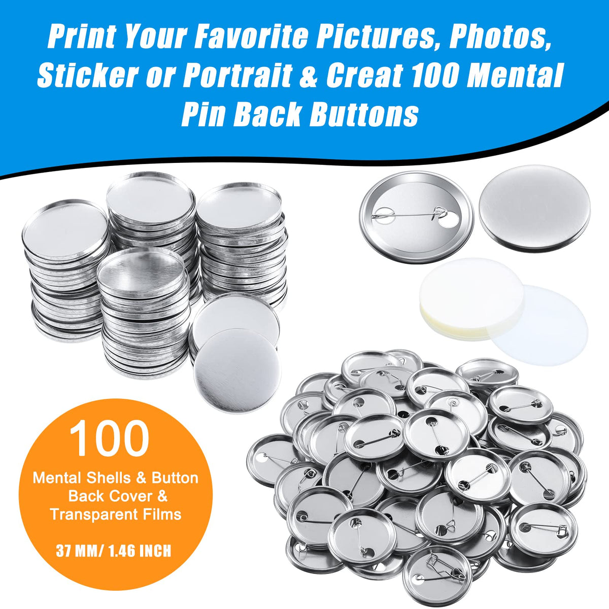 300 Pieces Blank Button Making Supplies Round Badge Parts Metal Pin Badge Kit for Button Maker Machine, Including Metal Shells Back Cover and Clear Film(1.46 Inch,Silver)