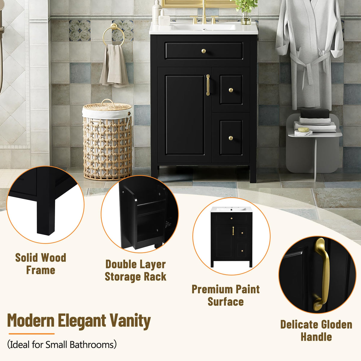 Favfurish 24" Bathroom Vanity with Ceramic Sink,Free Standing Single Basin Vanity w/Soft Close Door and Soft Closing Drawers,Wooden Bath Cabinet with Double Storage Racks on The Door,Black