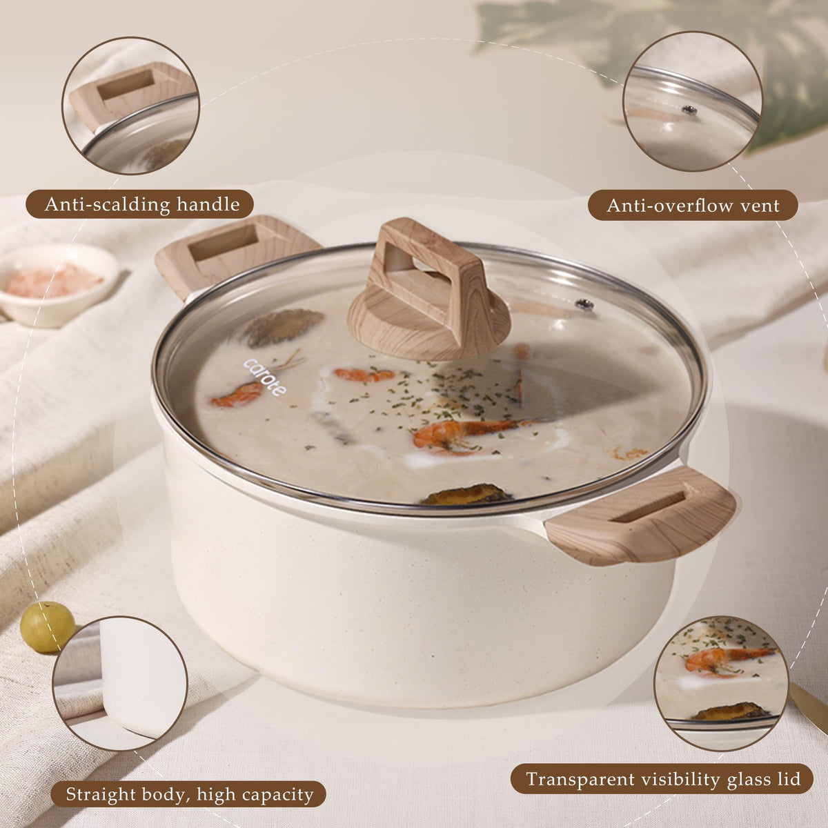 CAROTE 8 Qt Nonstick Stock Pot with Lid Soup Pot, 8 Quart Casserole with Lid, Easy to Clean Non Stick Cooking Pot Cookware PFOA Free, White Granite