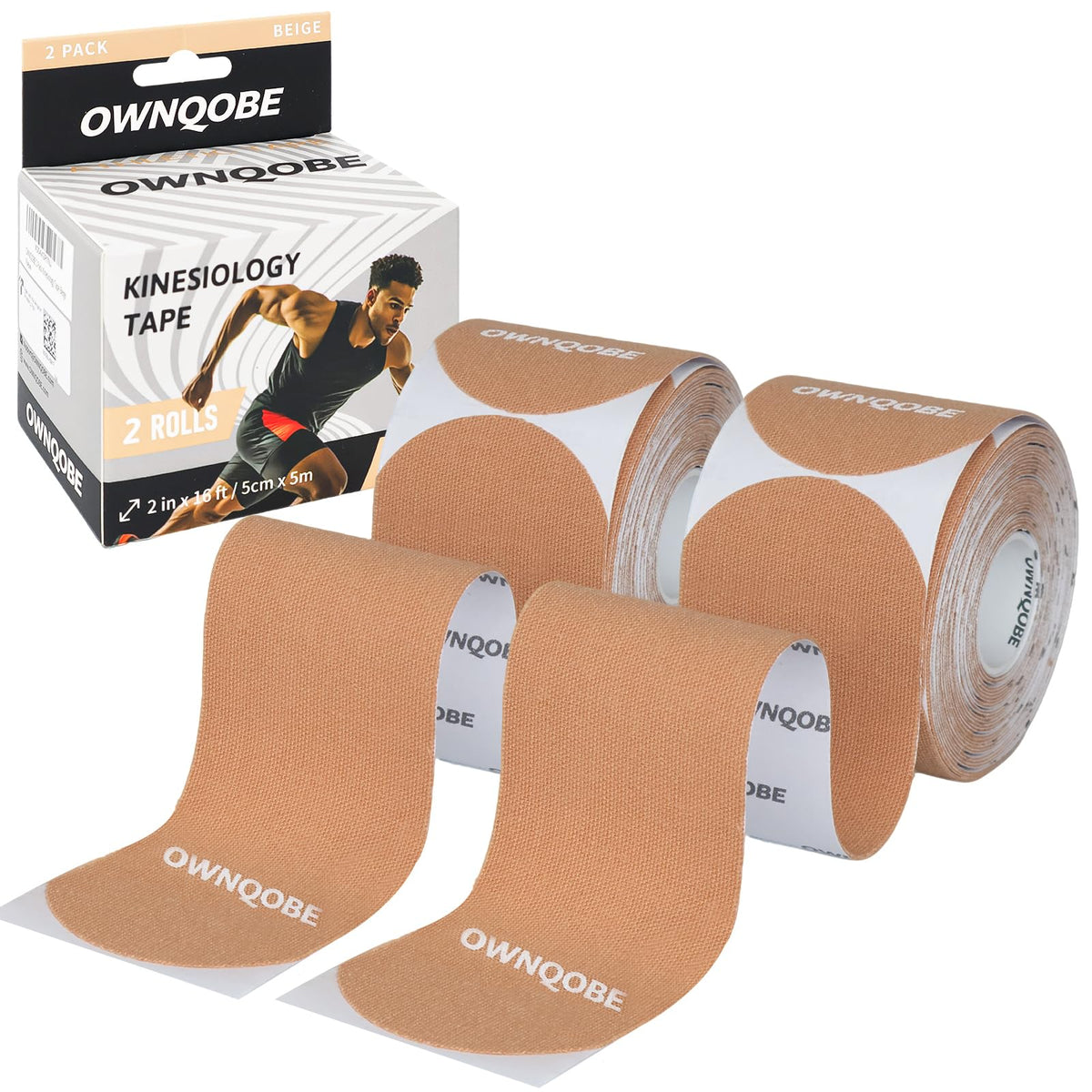 OWNQOBE Kinesiology Tape Precut (2 Rolls, 40 Strips) –Waterproof, Latex-Free Hypoallergenic Athletic Tape for Muscle & Joint Support –Breathable Elastic Sports Tape for Recovery & Shoulder Pain Beige