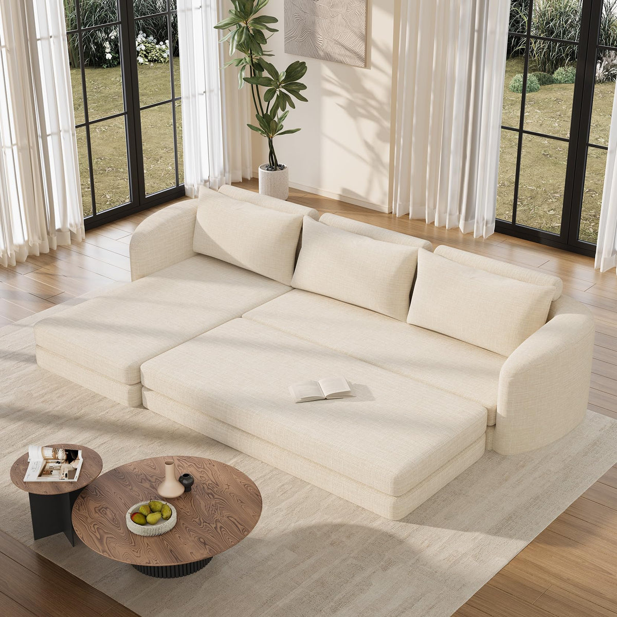 Vesgantti 6 in 1 Convertible Folding Sleeper Sofa Bed, 110.2" Modular Sectional Sofa with Curved Armrest, Chenille Boneless Couch for Living Room, No Assembly Required, Beige, Left Facing Chaise