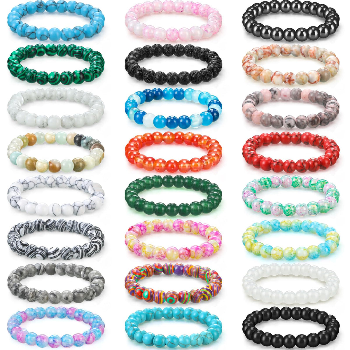 Landical 24 Pcs 8mm Gemstones Beaded Bracelets for Men Women Stretch Round Bead Bracelets Set Healing Crystal Stone Bracelets Semi Precious Bracelets