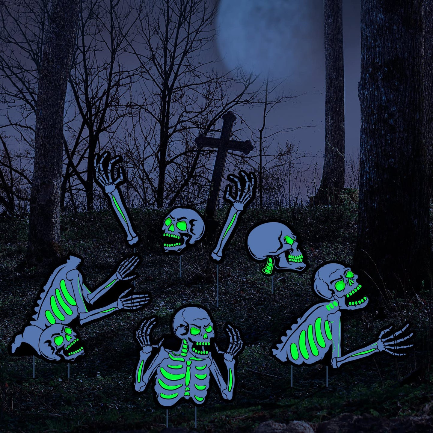 Capoda 5 Pieces Halloween Yard Signs Outdoor Decorations Fluorescent Halloween Skeleton Garden Sign with Stakes Reflective Skeleton Lawn Stake for Garden Lawn Yard Decor Supplies