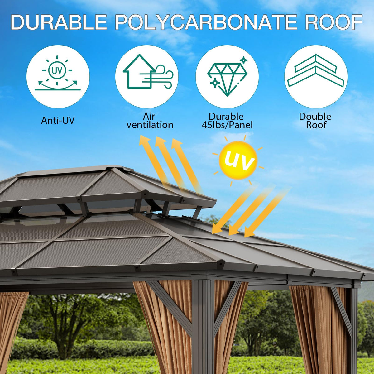 10'x13' Hardtop Gazebo, Outdoor Polycarbonate Double Roof Canopy, Aluminum Frame Permanent Pavilion with Curtains and Netting, Sunshade for Garden, Patio, Lawns (10x13ft)