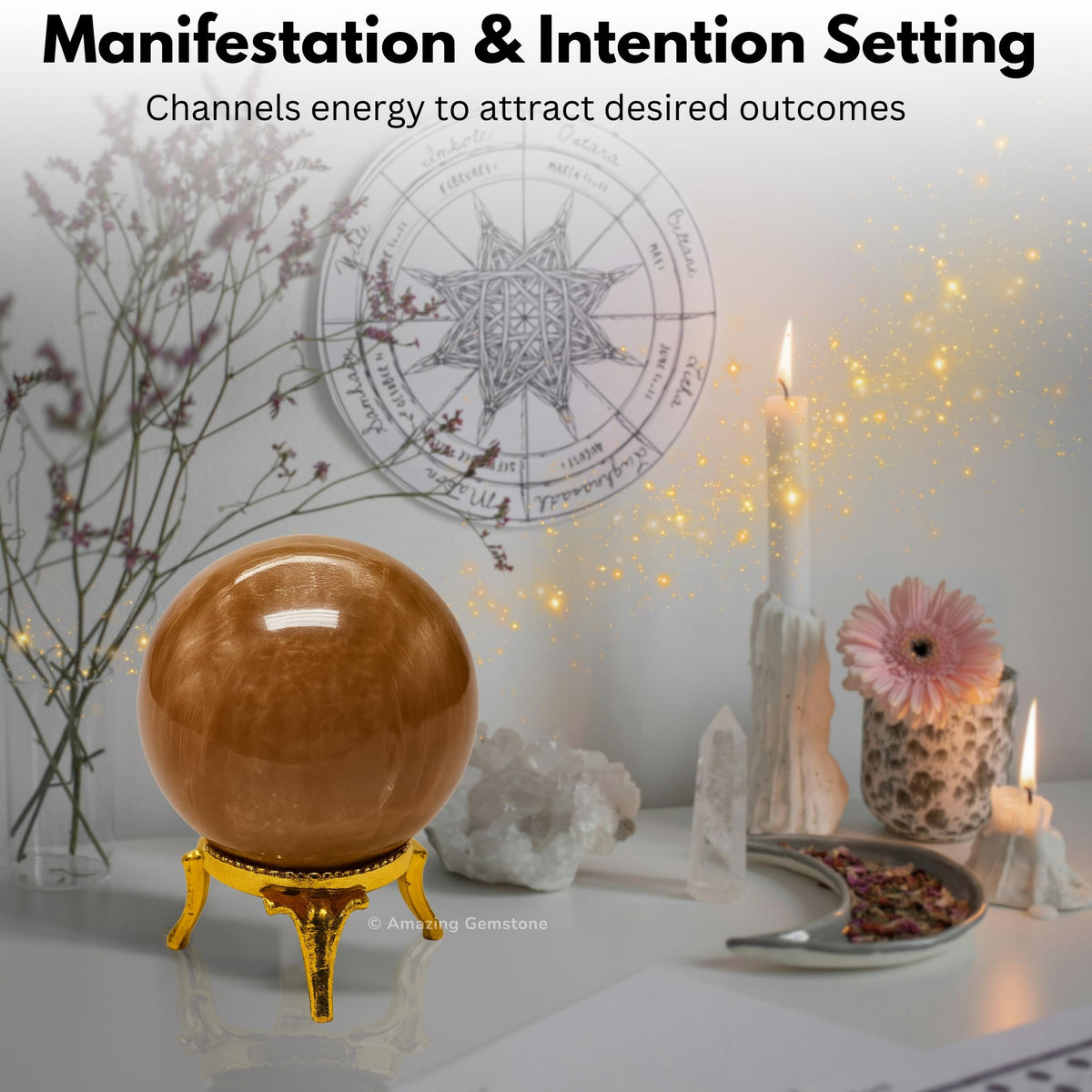 Amazing Gemstone Peach Moonstone Crystal Ball with Stand - 2 Inches Crystal Sphere Meditation Balls for Witchcraft and Decorative Balls