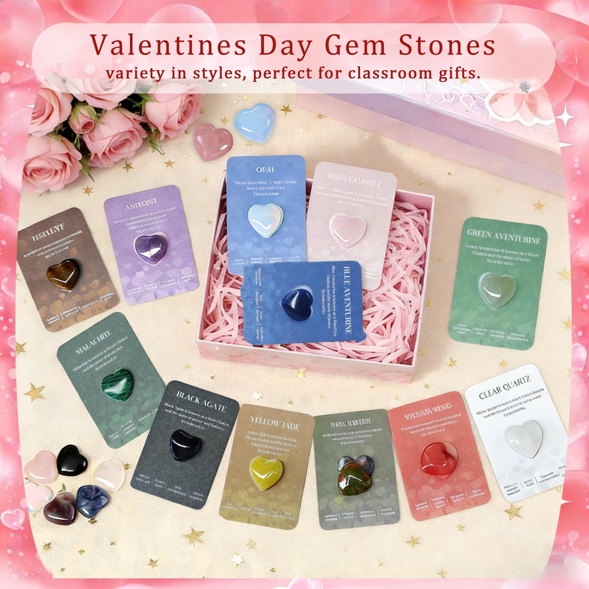 24 Packs Easter Egg Stuffers Crystals and Healing Stones with Heart Cards Classroom School Party Favors,Easter Gifts for Kids Healing Crystals Rock Gift Exchange Bulk Easter Basket Stuffers for Teen