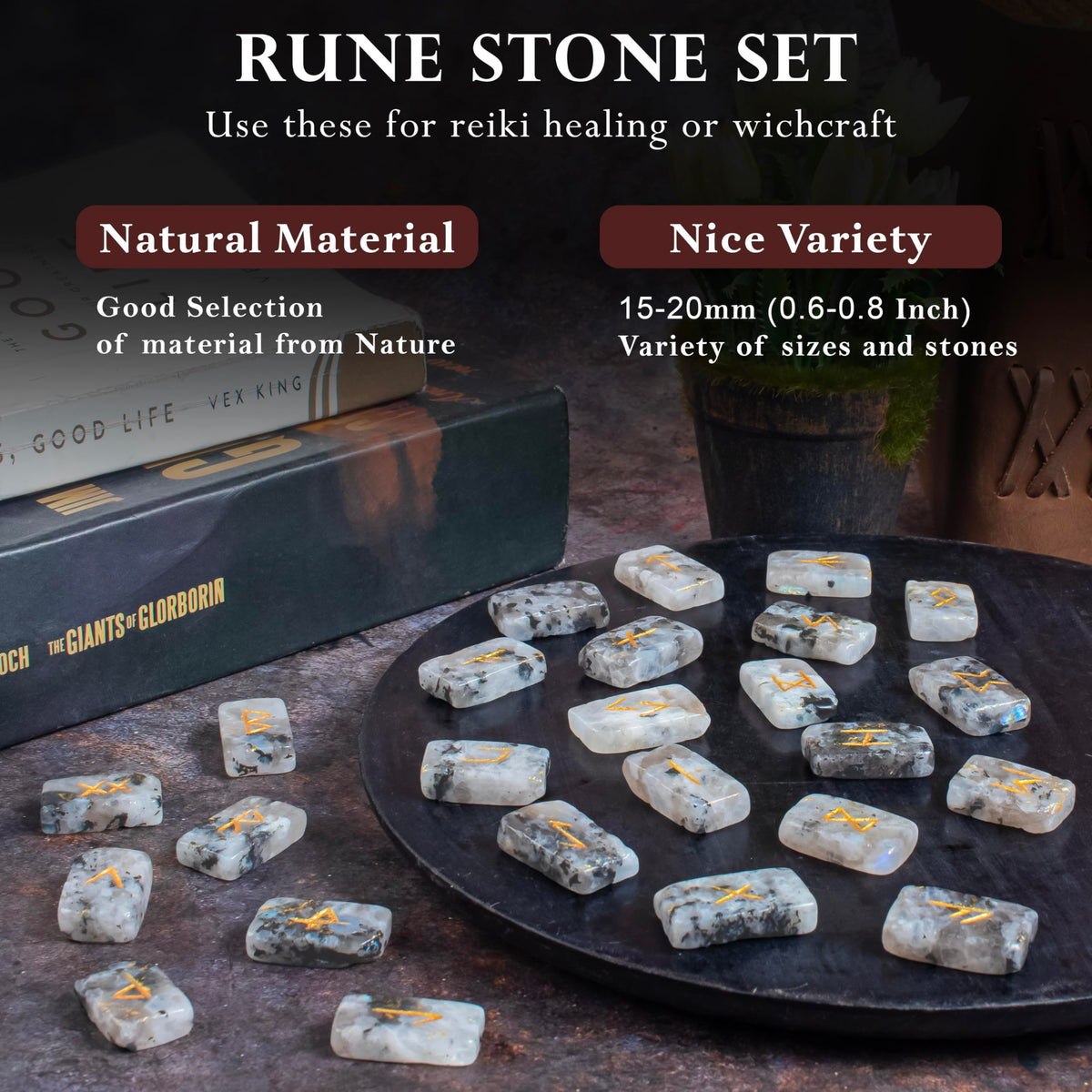 Crocon rectangle shape gemstone runes with Elder Futhark Alphabet Engraved |25 pcs rune set |Crystal Divination Healing Chakra Reiki set| with a pouch|Size: 20-25mm (Rainbow moonstone rune)