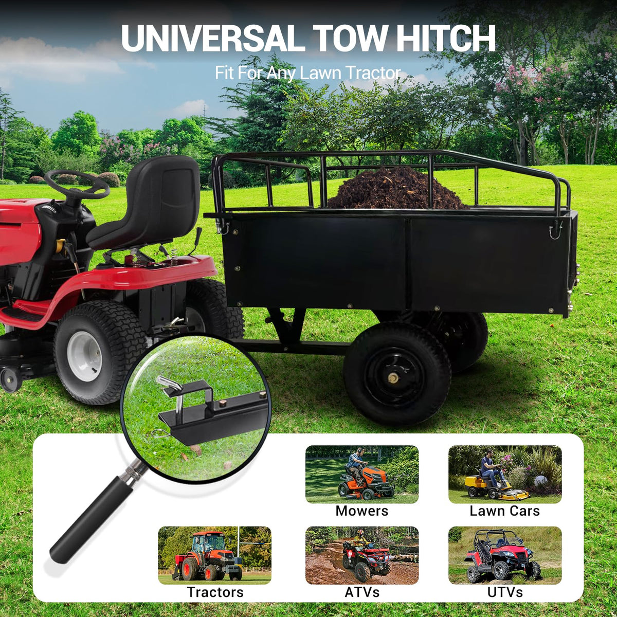 Heavy Duty Dump Cart ATV/UTV Trailer, 1600 Lb with Removable Sides & All Terrain Tires Lawn Mower- Gardening Equipment for Yard, Lawn, and Outdoor Use