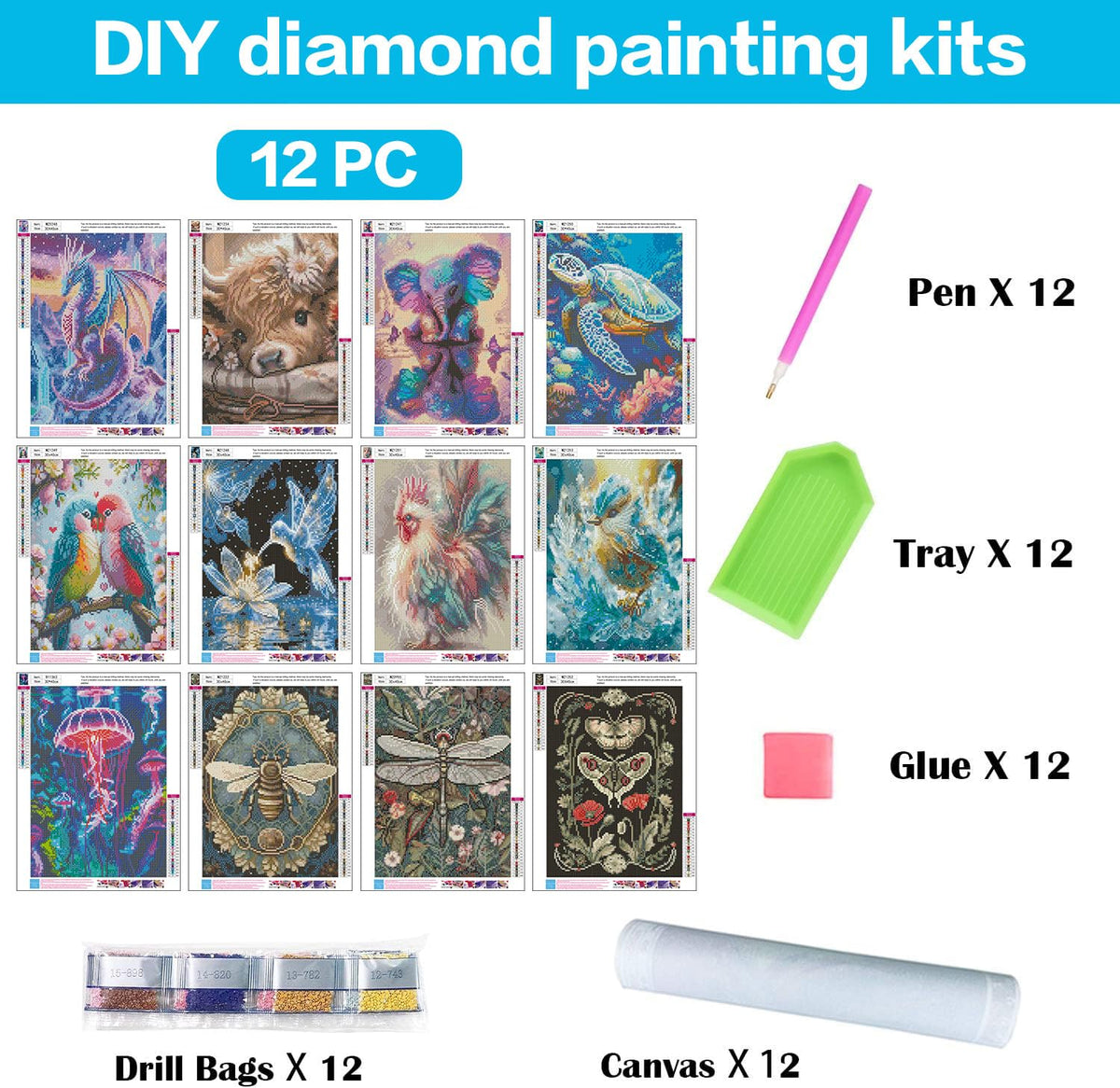 Meothan Multipack Diamond Art Kits for Adults, 12 Pack Animals Diamond Painting Kits for Adults, 5D DIY Round Dimond Gem Art Packs of 12, Home Decor Gift 12x16inch