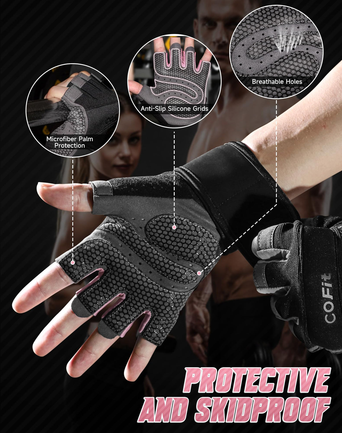 COFIT Breathable Workout Gloves, Antislip Weight Lifting Gym Gloves for Men Women with Wrist Wrap Support, Superior Grip & Palm Protection for Weightlifting, Fitness, Exercise, Training - Pink M
