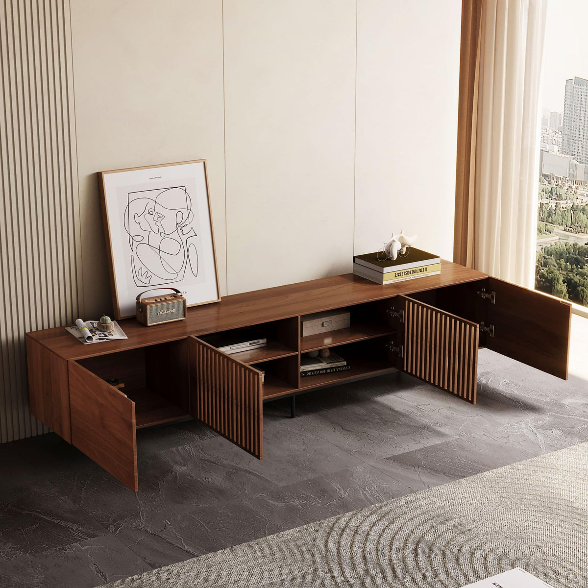 NessCarsti Mid Century Modern TV Stand for 80+ Inch TVs, 94.48" Walnut Console with Ample Storage – Stylish Entertainment Center for Living Room or Bedroom