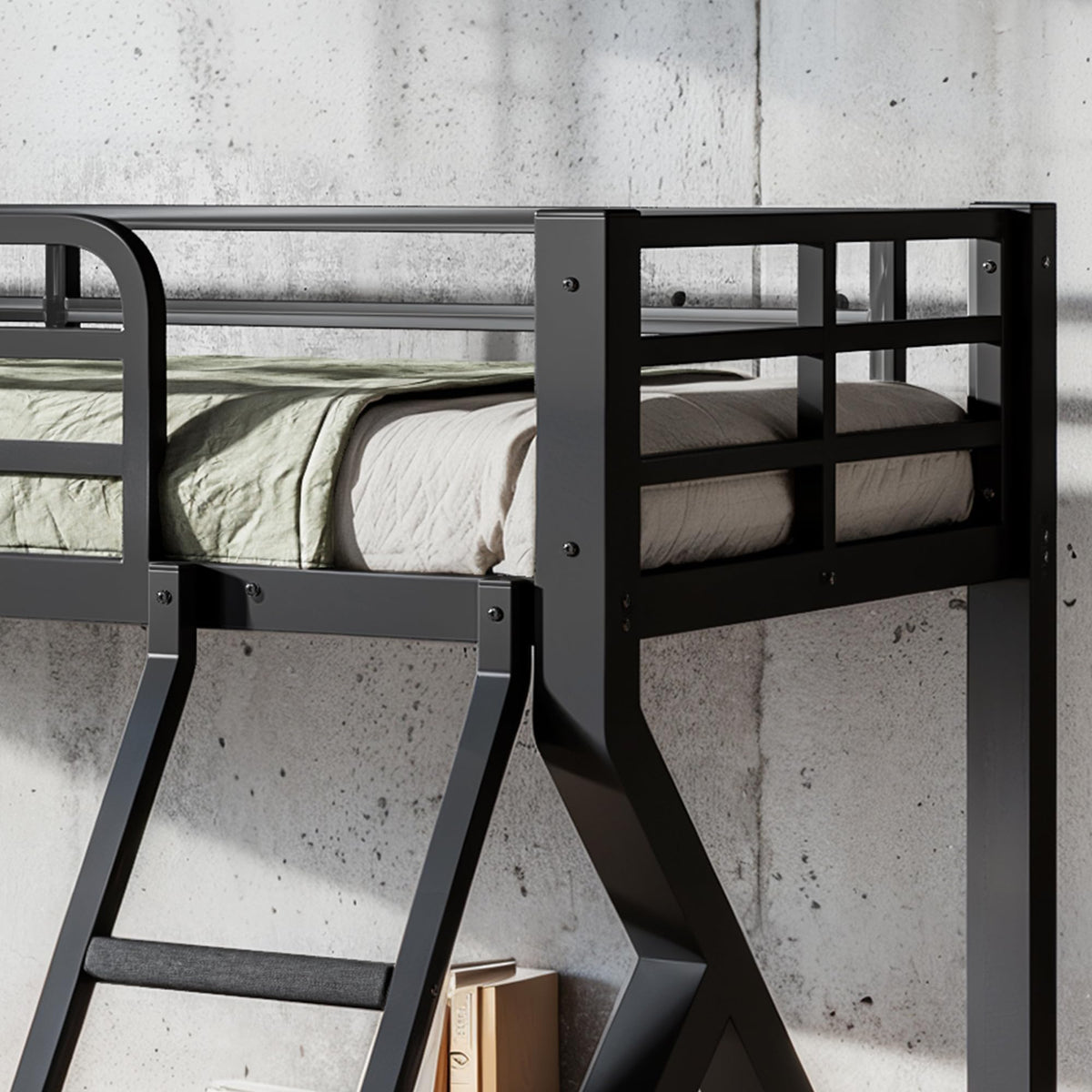 Bellemave Twin XL Over Queen Bunk Bed Frame with Noise Reduced Design, Low Profile Bunk Bed with Ladder and Fence, Heavy Buty Bunk Beds for Adults, Teens