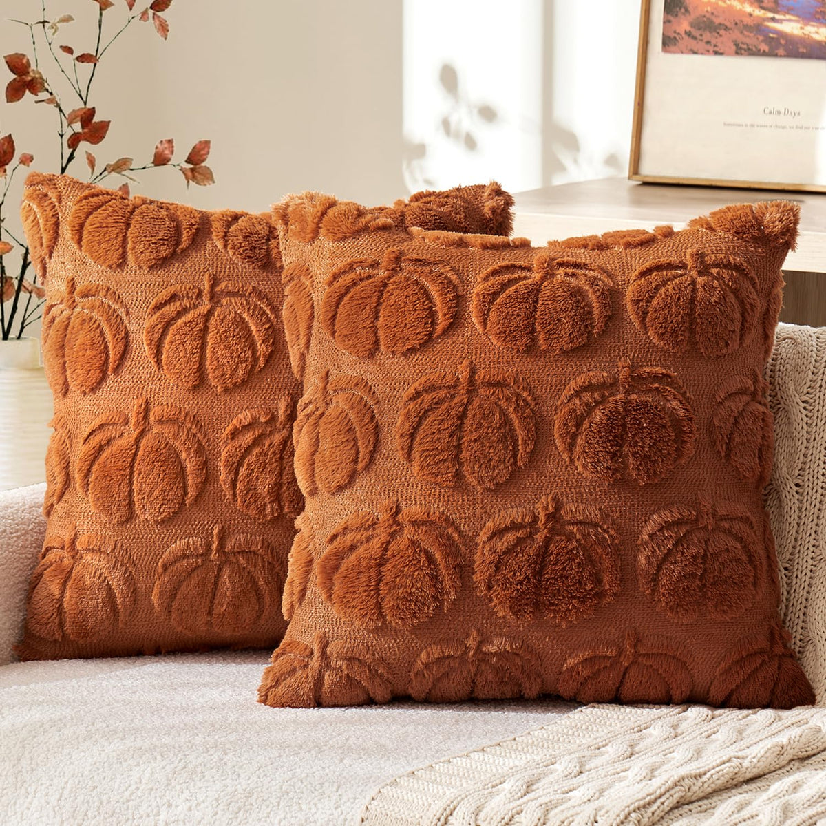 MIULEE Fall Throw Pillow Covers 18x18 Set of 2 Autumn Decorations Dark Rust Pumpkin Accent Pillowcase for Outdoor Porch Sofa Couch Bed Living Room Plush Faux Fur Halloween Farmhouse Home Decor