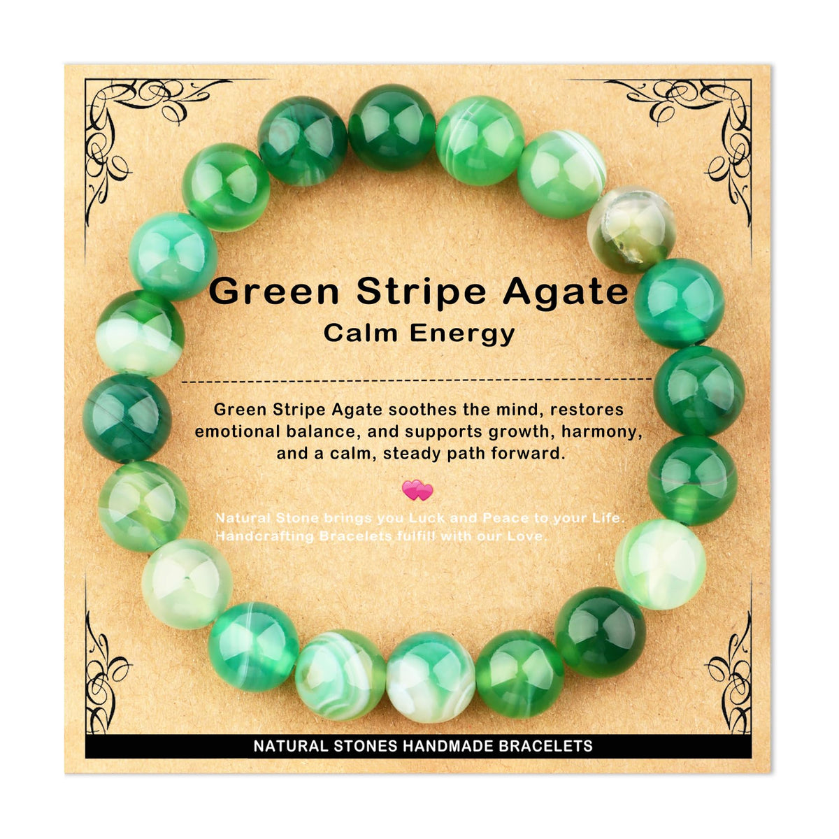 AD Beads 10mm Handmade Green Stripe Agate Elastic Bracelet – Natural Gemstone for Calm energy – Meditation, Yoga, Healing and Energy Gift for Men Women