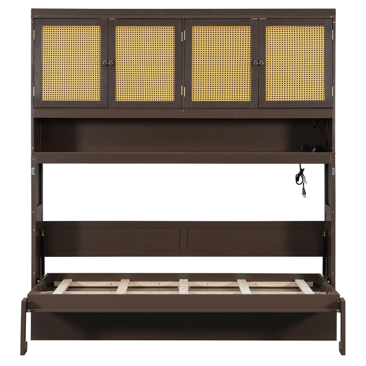 Merax Twin Murphy Bed Frame with Top Cabinet, Multi Storage Shelves & 4 Ratten Doors, 2-in-1 Bed Desk Space Saving Foldable Wall Bed with Light & USB Charging Ports, Espresso