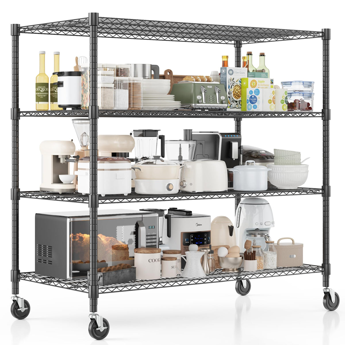 Homdox Heavy Duty Metal Shelves for Storage, 4 Tier Storage Racks and Shelving, Commercial Adjustable Wire Shelving Unit on Wheels, Garage Rack Pantry Shelves Kitchen Shelving, 24"x60"x72", Black