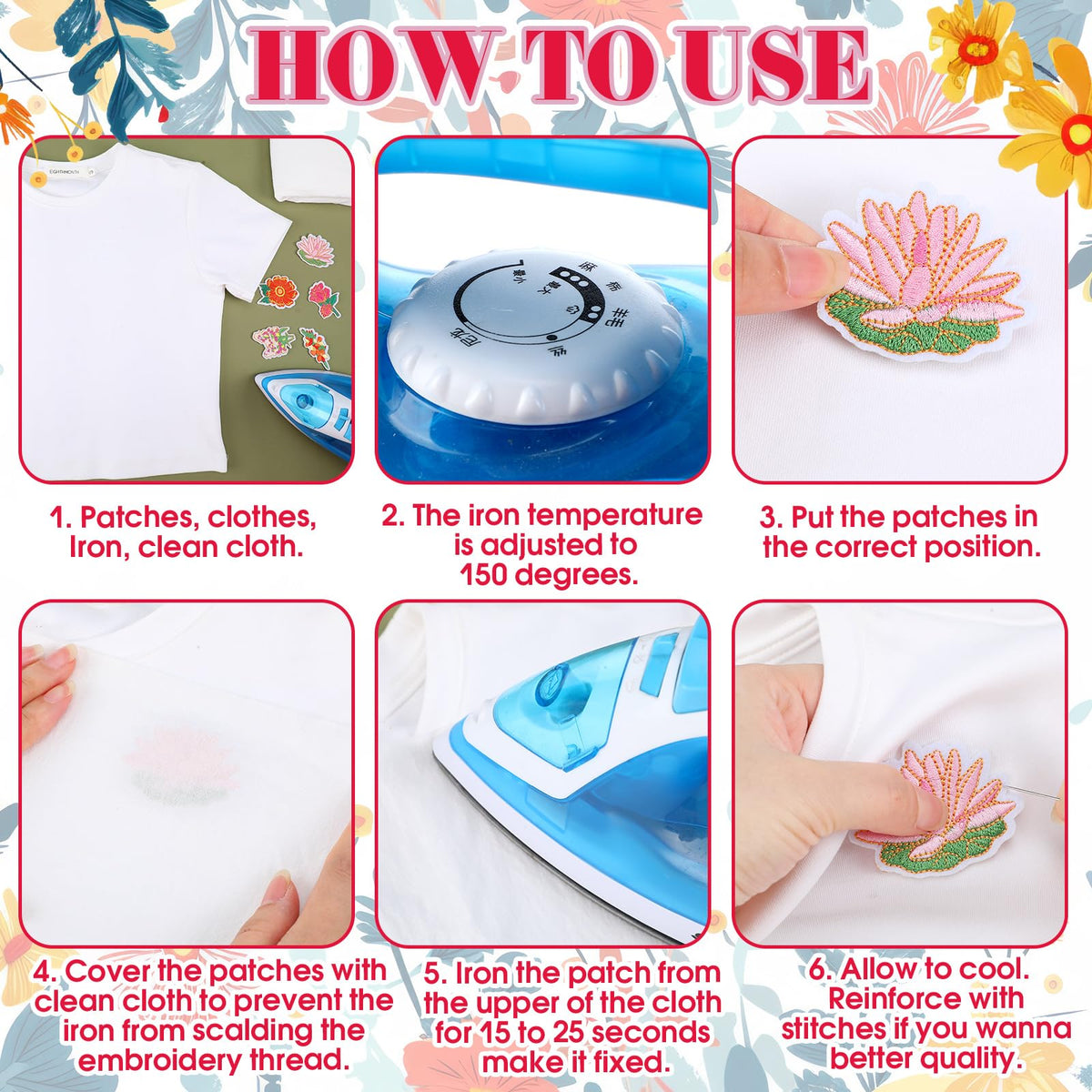 Thiccywoov 60 Pcs Flower Iron on Patches Bulk Embroidered Spring Floral Iron on Hat Patch Rose Sunflower Lily Daisy Peony Tulip Applique Sew on for Hat Clothing Shirt Backpack Jeans Pants DIY Craft
