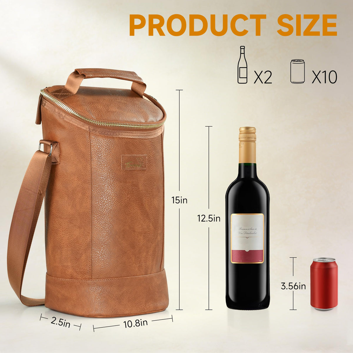 Tirrinia 2 Bottle Wine Carrier Bag, Insulated Wine Tote Cooler Bag with Shoulder Strap, for Travel, Picnic, BYOB & Christmas for Wine Lovers, Brown