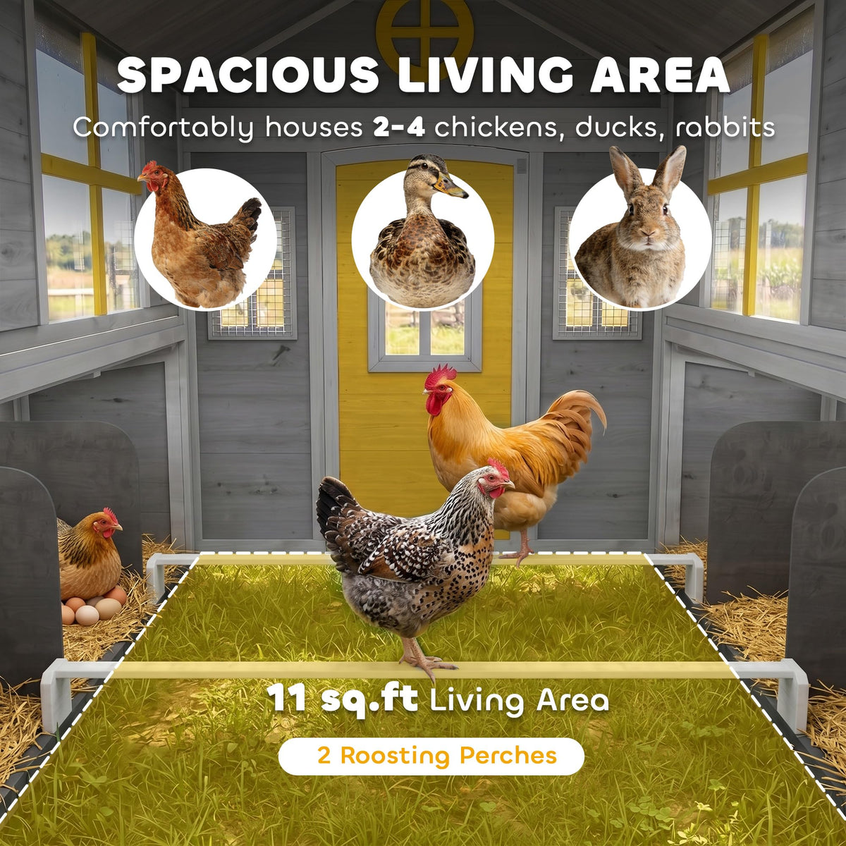 PawHut Wooden Chicken Coop, Hen House for 2-4 Hens, Outdoor Playhouse Poultry Cage with 2 Nesting Boxes, Waterproof Roof, Windows, Chicken Hutch for Farm Backyard, 72" x 50" x 54", Gray