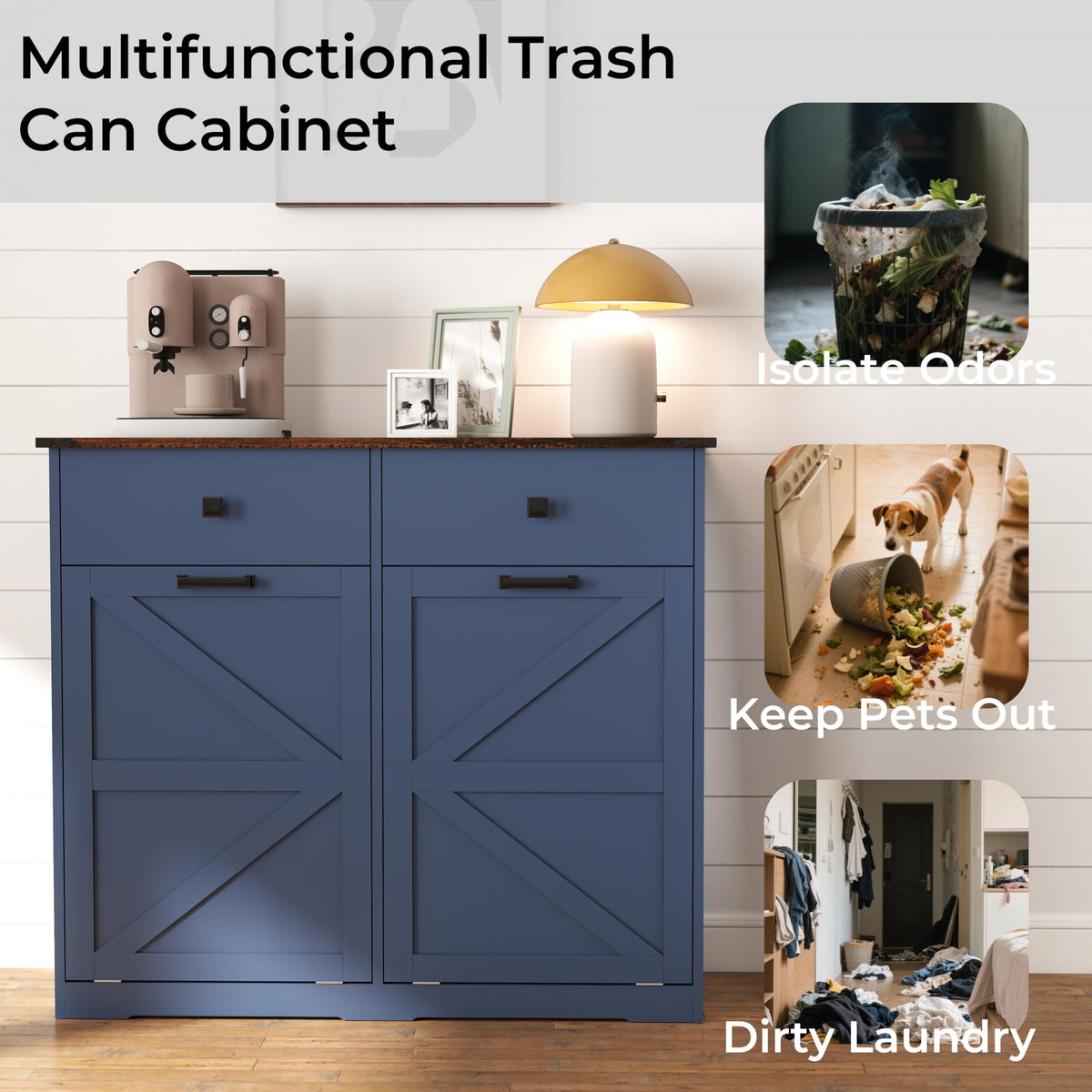 HUYYA Modern Sideboard Cabinet Buffet Storage Console Credenza for Dining Room, Free Standing Tilt Out Trash, Laundry Sorter Cabinet with Sturdy Construction and Easy Clean Surf