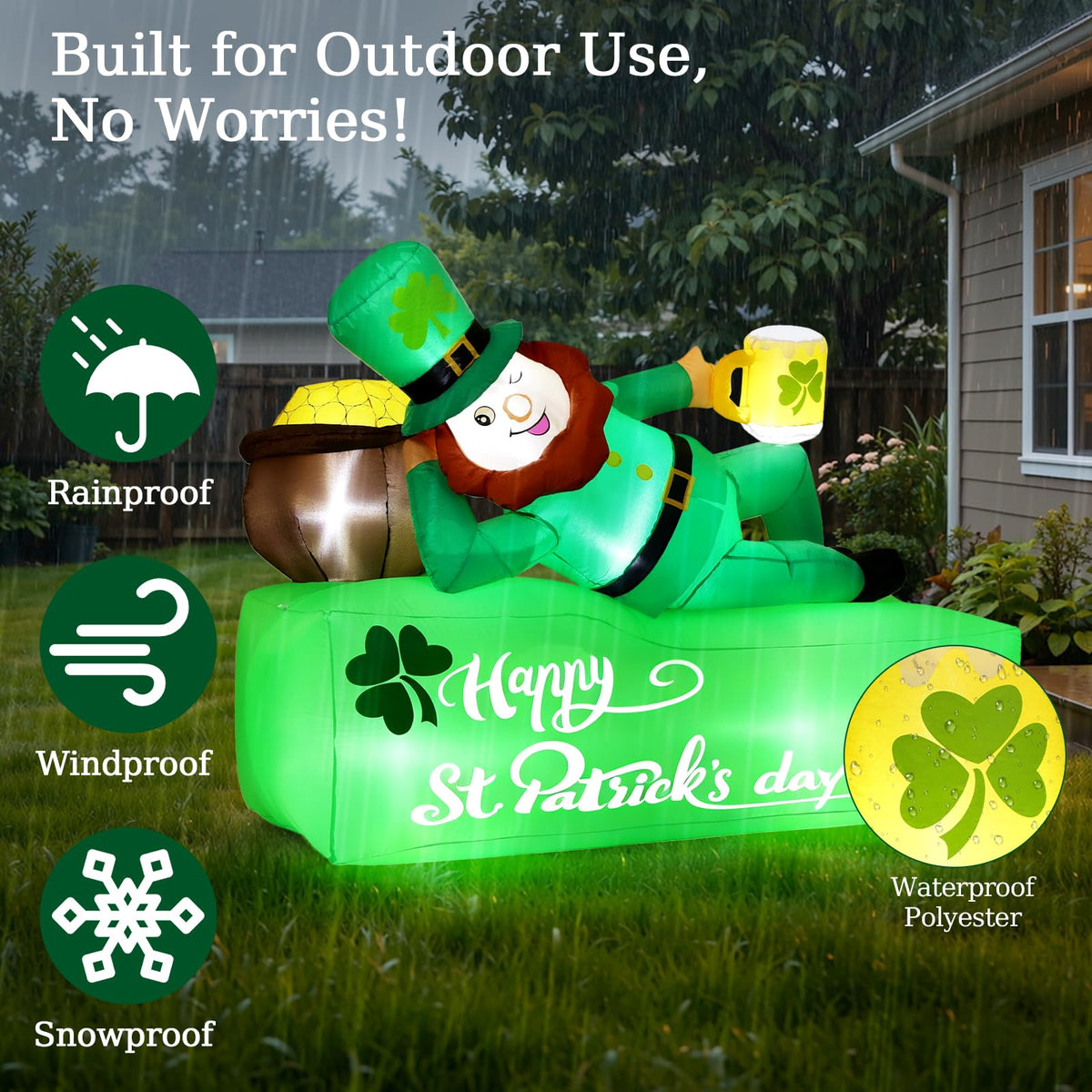 Lewondr 5.9FT St Patricks Day Inflatable Outdoor Decorations, Inflatable Leprechaun Lay on The Bed with Shamrocks, Blow up Yard Decoration with 6 Build-in Lights for Holiday Party Yard Lawn Garden