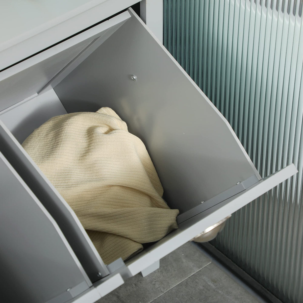 Tilt-Out Laundry Sorter Cabinet, Gray - Bathroom Floor Cabinet, Two-Compartment Hamper Organizer