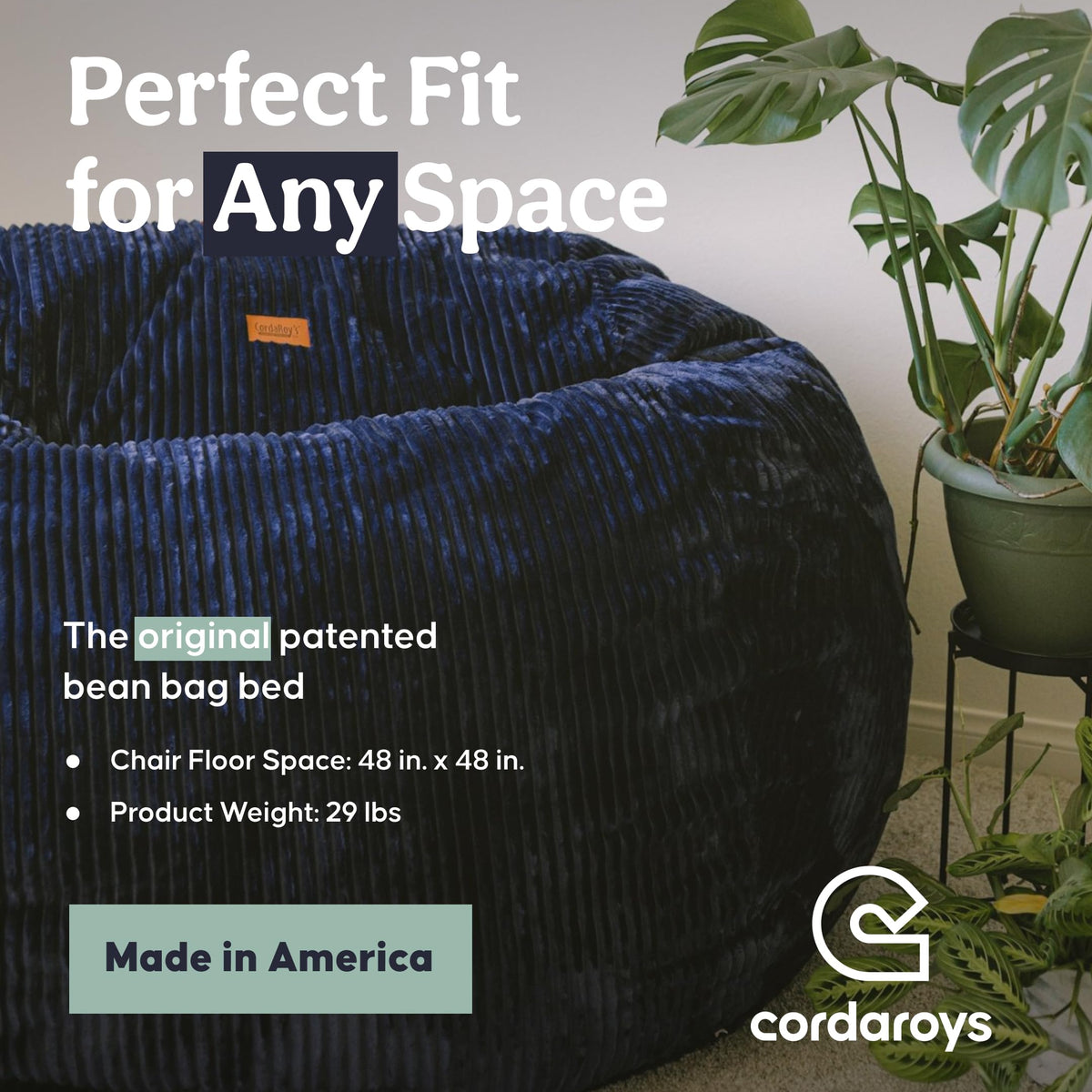 CordaRoy's Plush Bean Bag - Convertible Bean Bag Chair - Machine-Washable Plush Fabric Cover - for Basement, Living Room, Game Room, Dorm & More - Queen Size - Indigo | Made in The USA