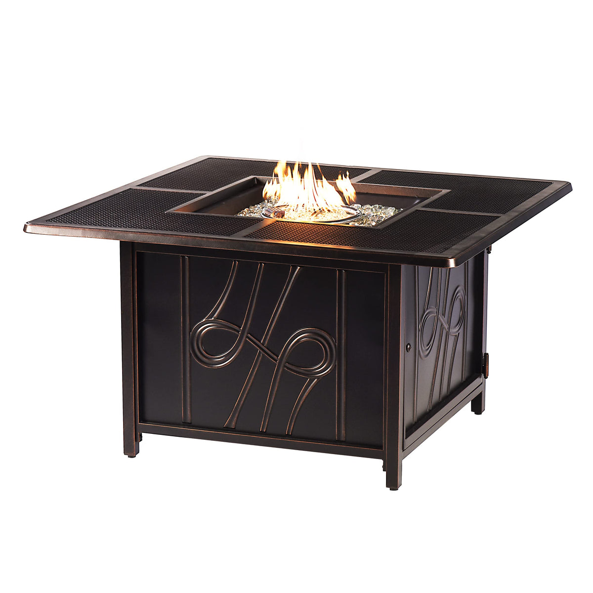Oakland Living Aluminum 57,0000 BTU 42 in. Square Propane Black Fire Pit Table with Fire Beads, Lid, Propane Tank Cover and Table Fabric Covers in Copper Finish,AZREGIS-FPT-AC