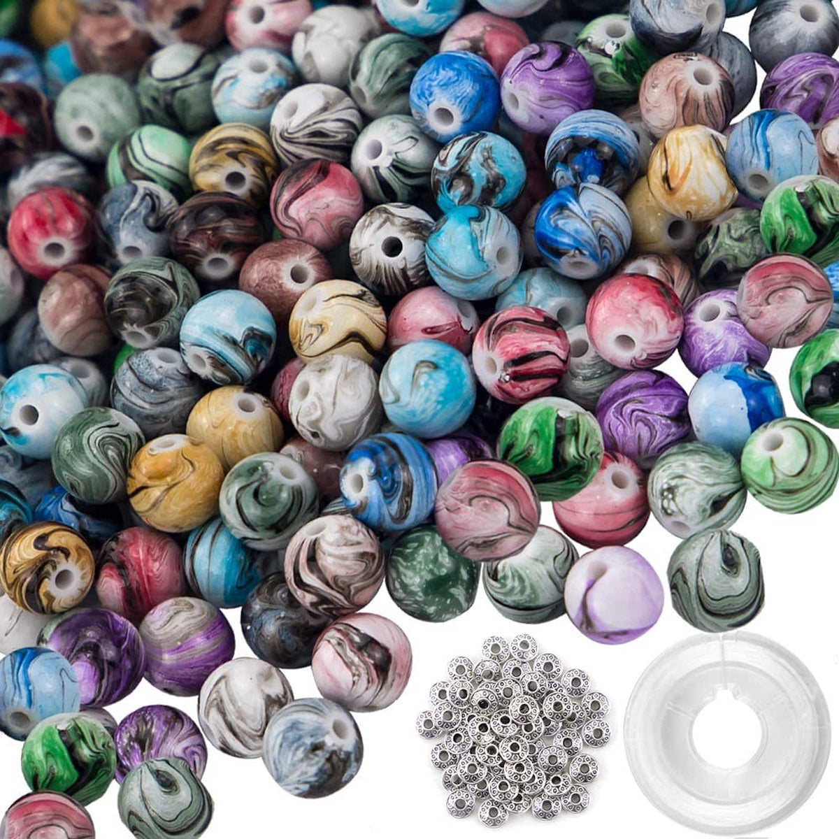 500pcs Craft Beads for Jewelry Making, for Bracelets Making, Space Acrylic Beads in Ink Patterns with 50pcs Spacer Beads and Crystal String (8mm)