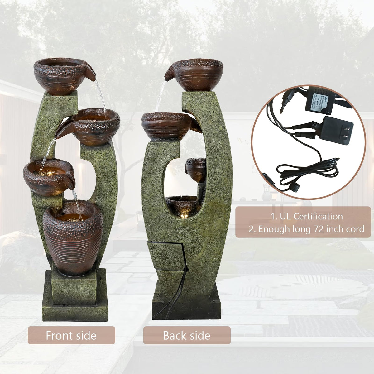 Naturefalls 40" Tall Outdoor Water Fountain and Waterfalls - Large Garden Fountain with LED Lights, 4-Tier Crocks, Indoor and Outdoor Fountains for Garden, Patio, Deck, Porch, Backyard and Home, Gray