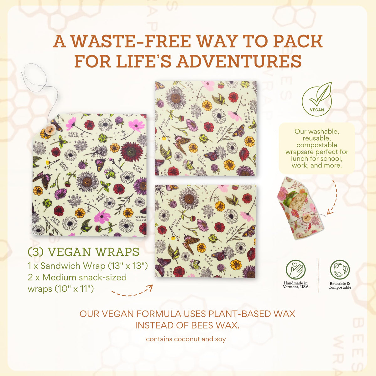 Bee's Wrap Vegan Beeswax Wraps for Food - 3 Pack of Assorted Beeswax Wraps - 2 Medium & Sandwich Wrap - Plastic Free Made in USA Reusable Natural Food Wrap - Meadow Magic