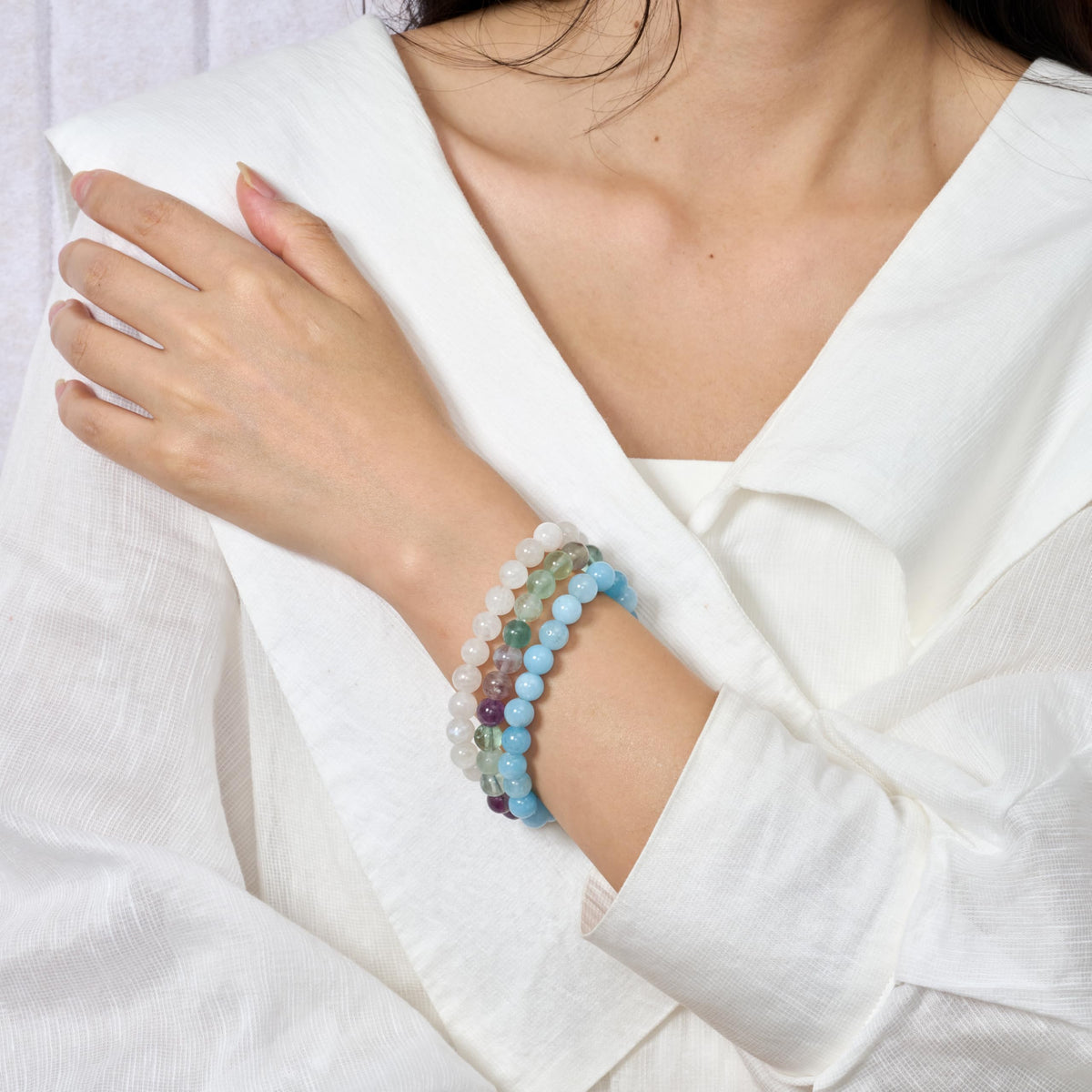 Bivei 3-Piece 8mm Beaded Bracelets for Women – Moonstone, Aquamarine, Fluorite – Handmade Natural Crystal Stretch Elastic Jewelry for Meditation, Yoga, Protection Gifts