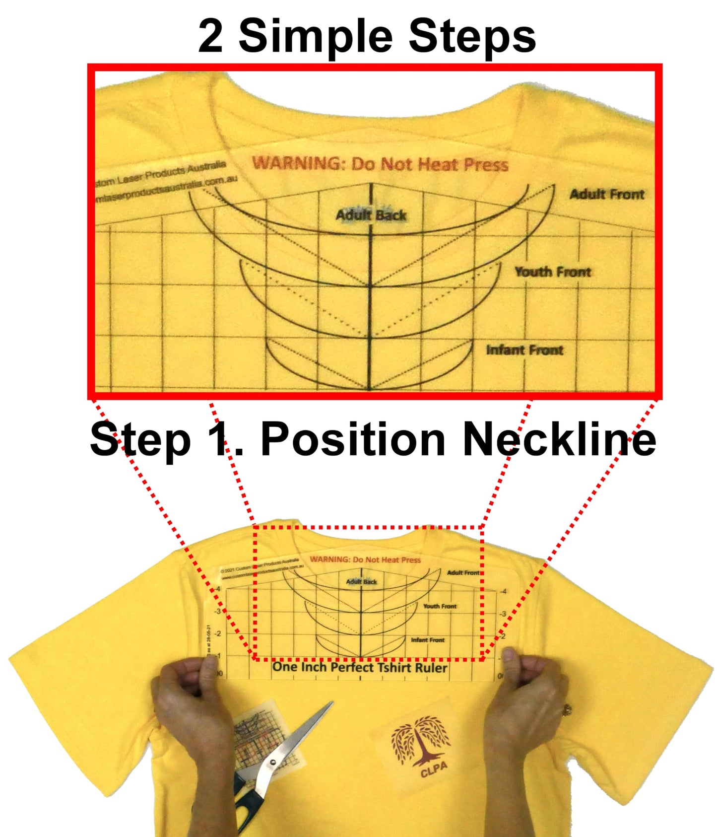 CLPA T-Shirt Ruler Guide — Neckline Placement | Shirt Centering Tool for Heat Press | HTV, DTF and Embroidery | Neckline and Shoulder Reference | Clear PETG | Made in Australia