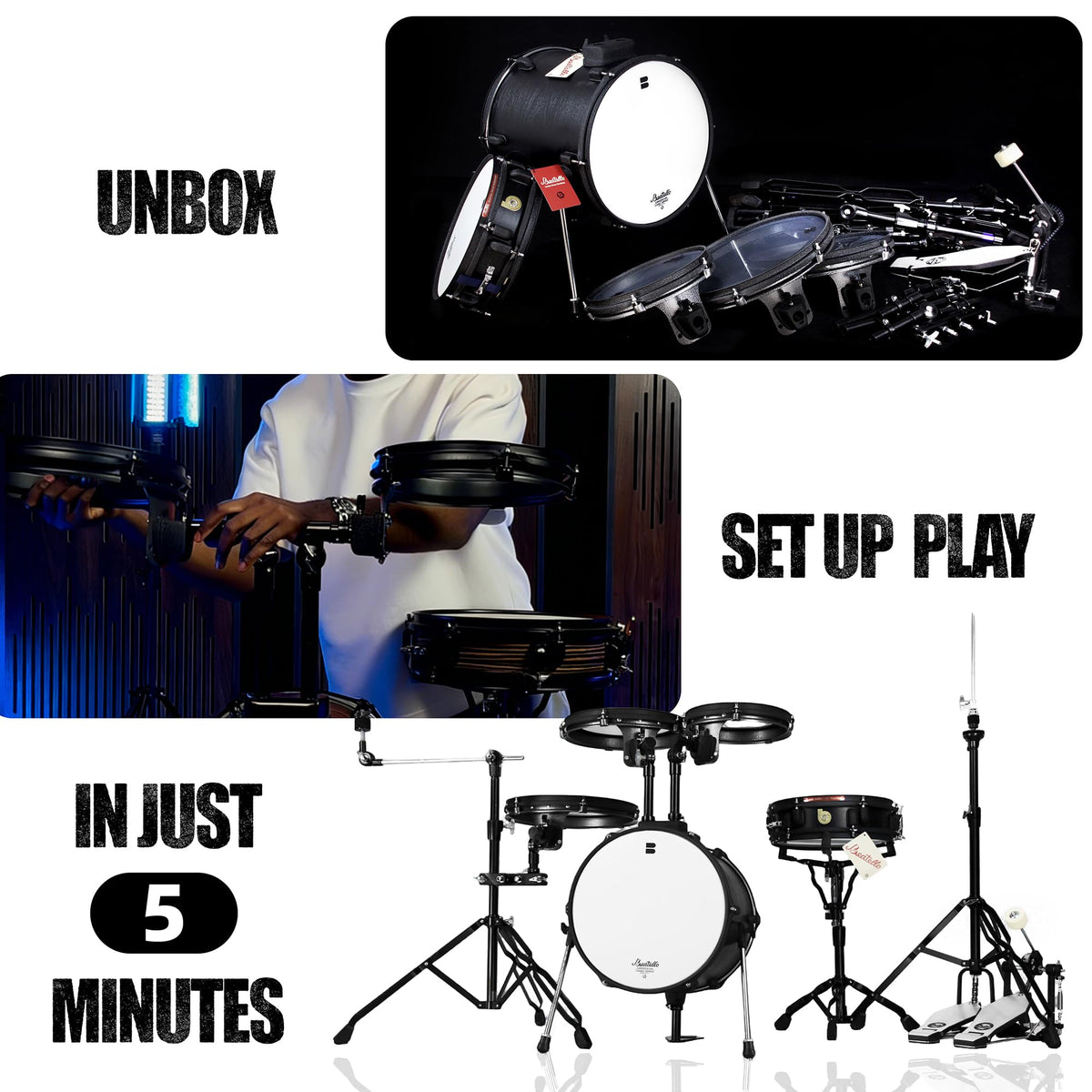 Beatello Jungle Pad Compact Portable Adult 5pc Drum Set, 1.5 inches ultra-thin steel drum Cavity,14 Inches Complete Full Size Kit with Bass Drum, Designed for the mobile musician