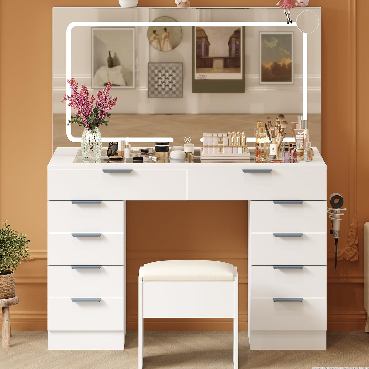 Garvee Vanity Desk with Large Mirror and Lights & Magnifying Glass, Makeup Table, Dressing Table Set with Stool, Power Outlet, 3 Lighting Modes, 10 Drawer, White