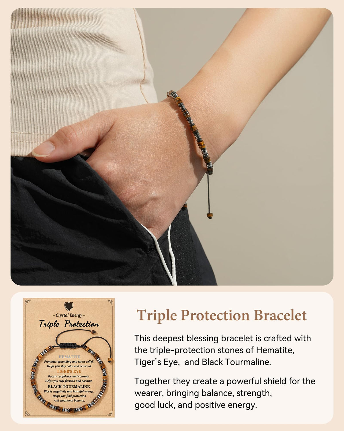 LAVEIR Triple Protection Bracelets Hematite Tigers Eye and Black Tourmaline Bracelet Grounded Empowered Protected for Men & Women Gifts for Mothers Fathers Day Christmas Birthdays Anniversary