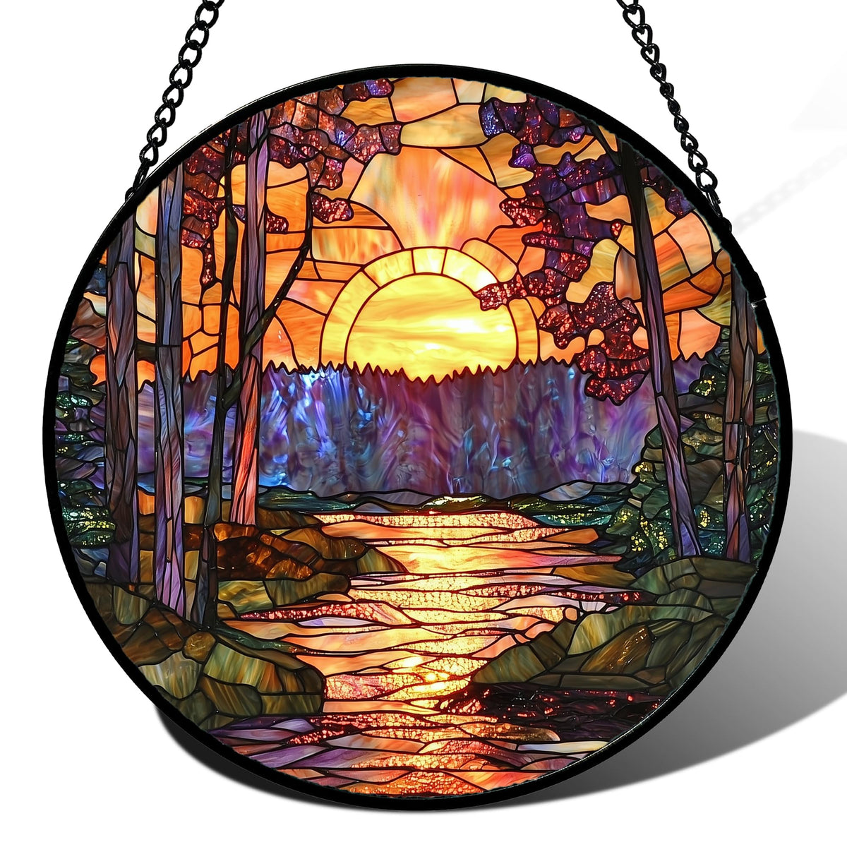 JOSUMALY Stained Glass Window Hanging, Orange Landscape Green Purple Lake Forest Suncatcher for Doors Window Home Sun Catchers Decor Mother's Day Birthday Gifts for Women Men Mom 9.8 in
