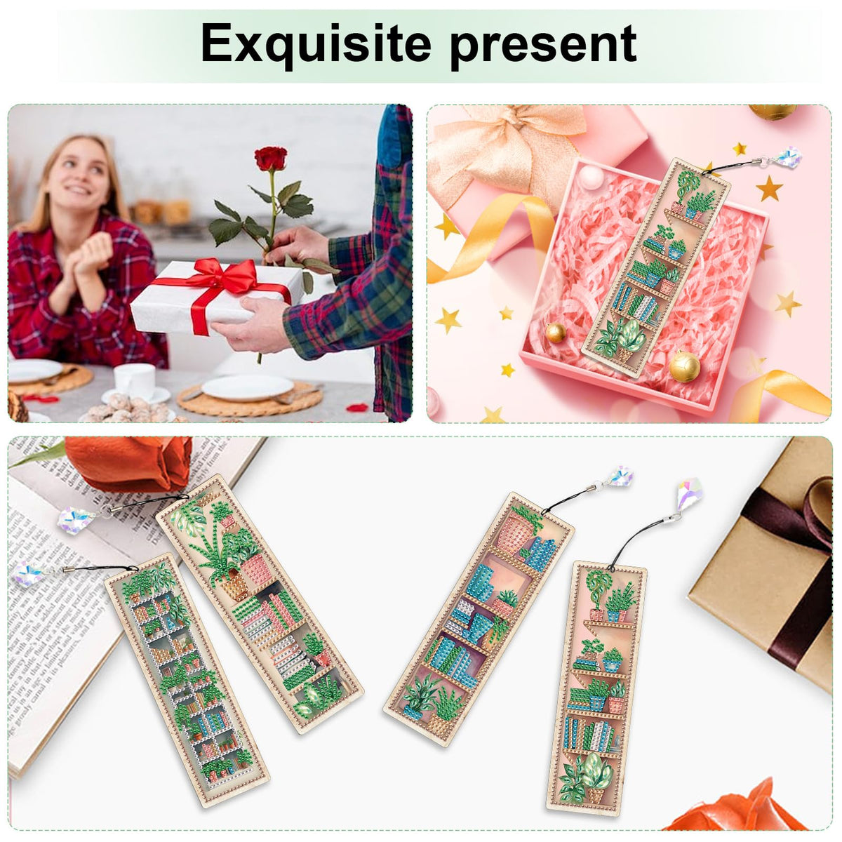 4 Pieces Diamond Painting Bookmarks for Adults Plant Bookshelf Design 5D Rhinestone Art Bookmark Kits Beautiful DIY Diamond Art Bookmarks with Tassels Crafts Gifts Supplies