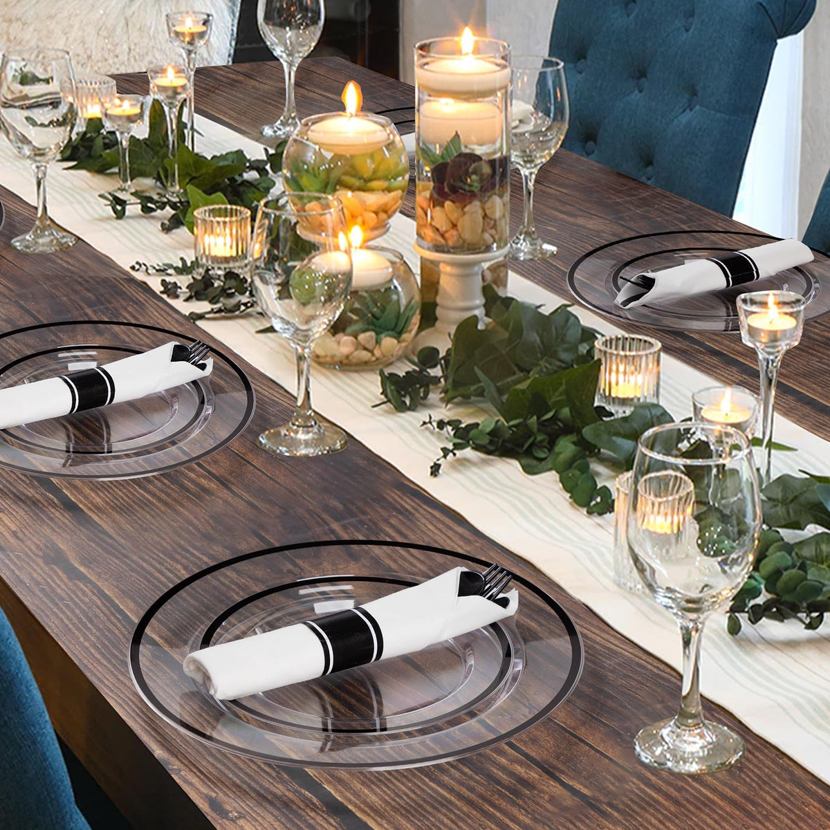 Goodluck 175 Piece Black Plastic Dinnerware Set for Party, Clear Disposable Plates for 25 Guests, Include: 25 Dinner Plastic Plates, 25 Dessert Plates, 25 Pre Rolled Napkins with Cutlery Set, 25 Cups